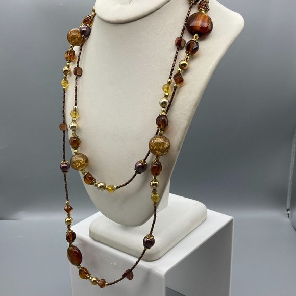 Super Long Bronze Beaded Vintage Necklace, Flashy Art Glass Stations on Seed Bea - Picture 4 of 5